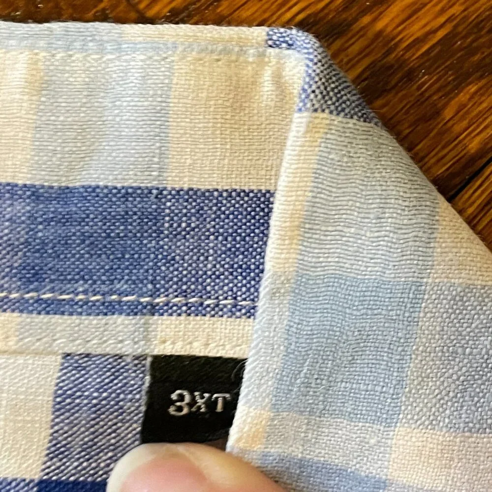 Rochester Big & Tall Blue/White Check Linen Shirt - Size 3XLT - Picture 3 of 4